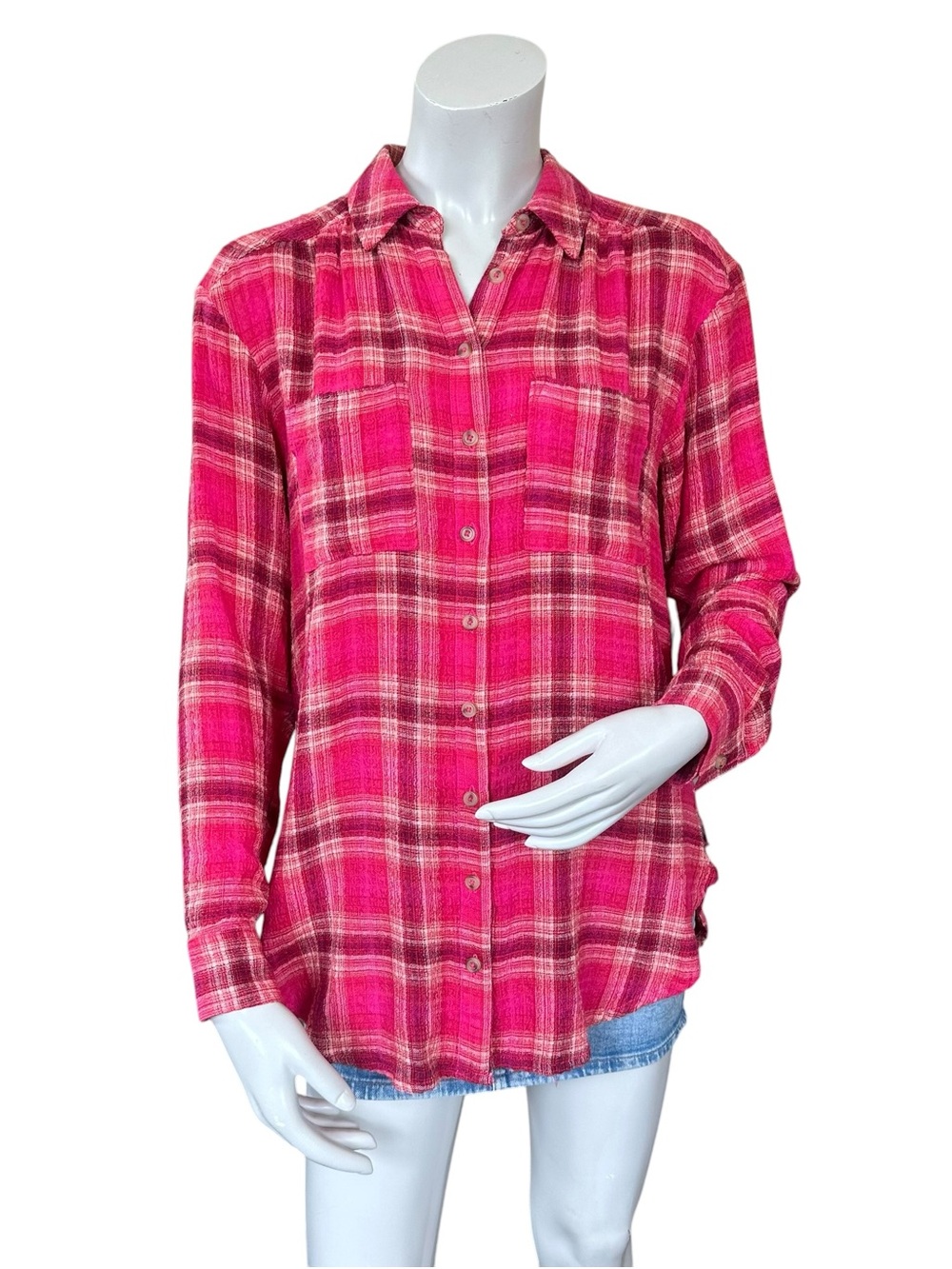 Anthropologie Pilcro Hadley Pink Red Plaid Gauze Button Up Shirt Size XS